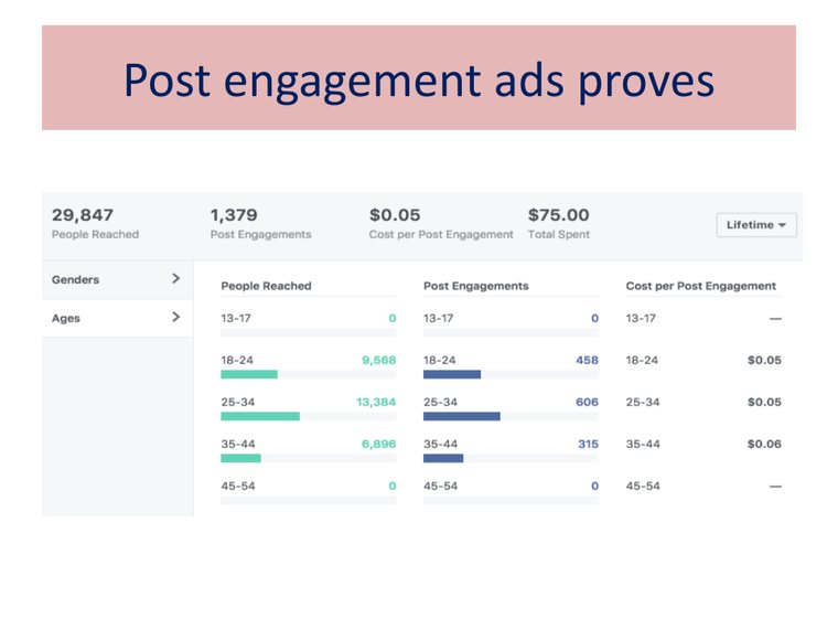 Meta Ads engagement breakdown: 29,847 people reached, 1,379 post engagements at $0.05 each, split by age band