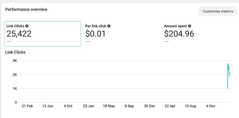 Meta Ads Manager performance overview: 25,422 link clicks at $0.01 per click from $204.96 spent